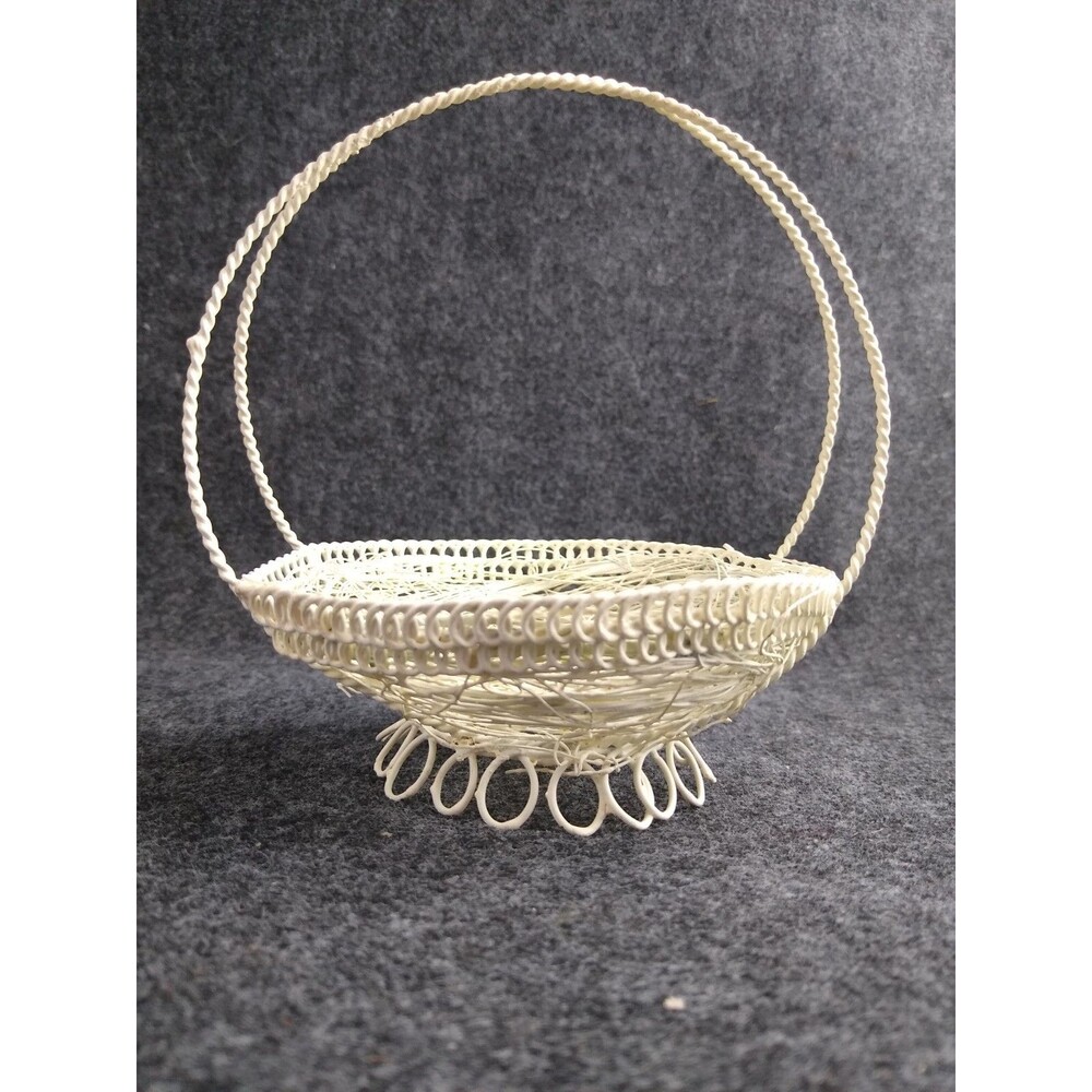 Vintage Metal Wire White Painted Basket With Handle Mini MCM Handmade ?